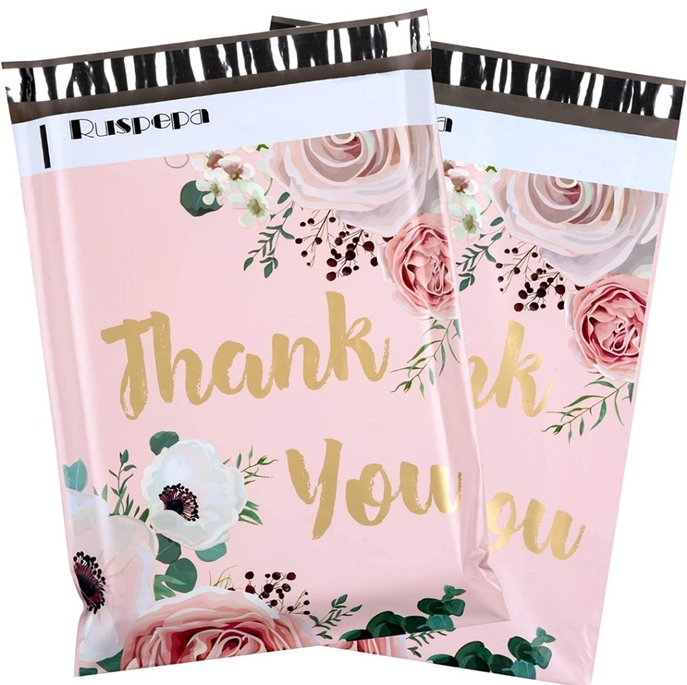 20pk WATERPROOF THANK YOU PINK FLORAL POLYMAILERS 10X13